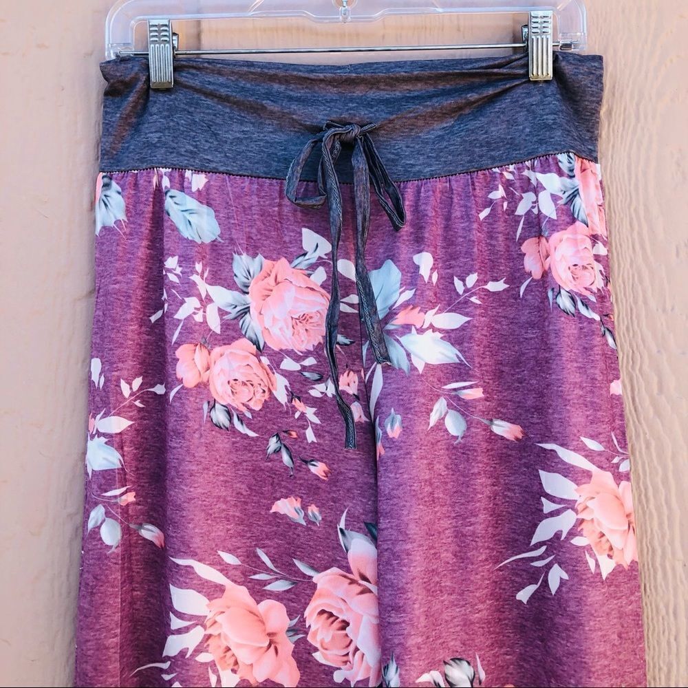 Wide Leg Floral Pink Rose Yoga Sleep Lounge Pants - Picture 2 of 6